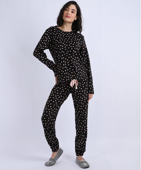 Pijama-Feminino-em-Fleece-Estampado-de-Poa-Manga-Longa--Preto-9836382-Preto_1