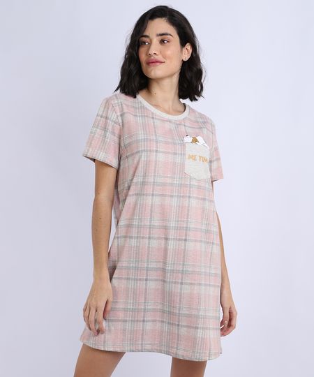 Camisola-Feminina-Ursinho-Pooh-Estampada-Xadrez-com-Bolso-Manga-Curta-Cinza-Mescla-Claro-9948657-Cinza_Mescla_Claro_1