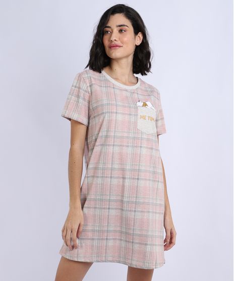 Camisola-Feminina-Ursinho-Pooh-Estampada-Xadrez-com-Bolso-Manga-Curta-Cinza-Mescla-Claro-9948657-Cinza_Mescla_Claro_1