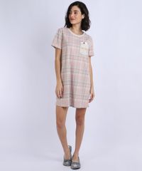 Camisola-Feminina-Ursinho-Pooh-Estampada-Xadrez-com-Bolso-Manga-Curta-Cinza-Mescla-Claro-9948657-Cinza_Mescla_Claro_3