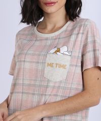 Camisola-Feminina-Ursinho-Pooh-Estampada-Xadrez-com-Bolso-Manga-Curta-Cinza-Mescla-Claro-9948657-Cinza_Mescla_Claro_4