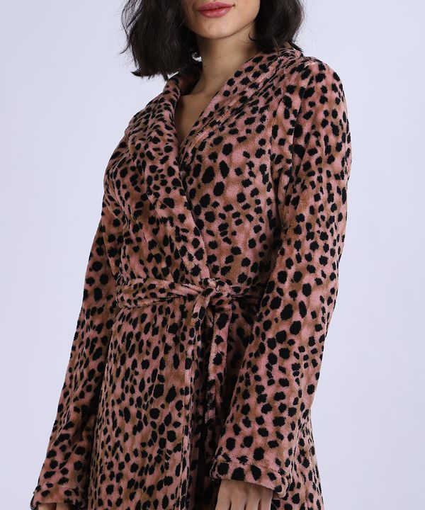 Roupão de Fleece Feminino Animal Print com Faixa para Amarrar Manga Longa Rosa P