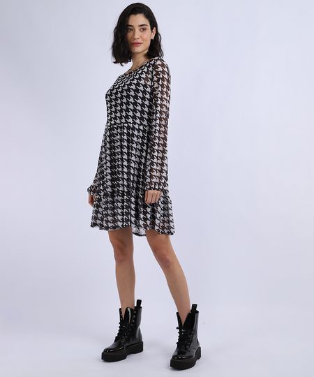 Vestido-em-Tule-Feminino-Curto-Estampado-Pied-de-Poule-Manga-Longa-Preto-9947114-Preto_1