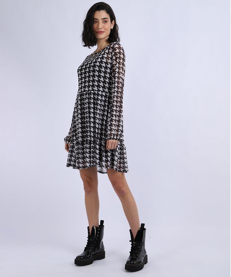 Vestido-em-Tule-Feminino-Curto-Estampado-Pied-de-Poule-Manga-Longa-Preto-9947114-Preto_1