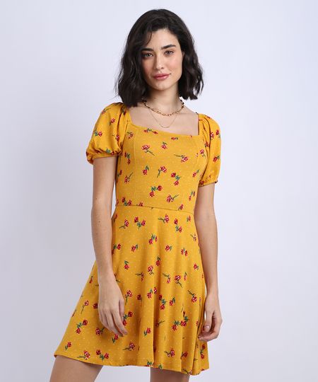 Vestido-Feminino-Curto-Estampado-Floral-Manga-Bufante-Mostarda-9953056-Mostarda_1
