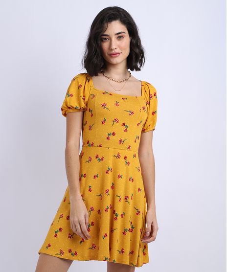 Vestido-Feminino-Curto-Estampado-Floral-Manga-Bufante-Mostarda-9953056-Mostarda_1