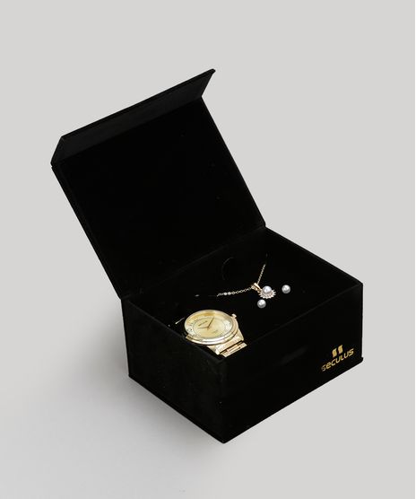 Kit-de-Relogio-Analogico-Seculus-Feminino---Colar---Brinco---20424LPSVDA1K-Dourado-8755469-Dourado_1