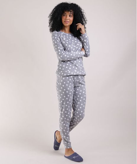 Pijama-Feminino-em-Fleece-Blusa-Longa-em-Poa-Decote-Redondo-Cinza-Claro-9900209-Cinza_Claro_1
