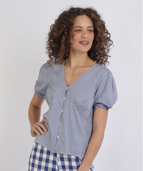 Blusa-feminina-Estampada-Xadrez-com-Botoes-Manga-Curta-e-Decote-V-Azul-9954119-Azul_1