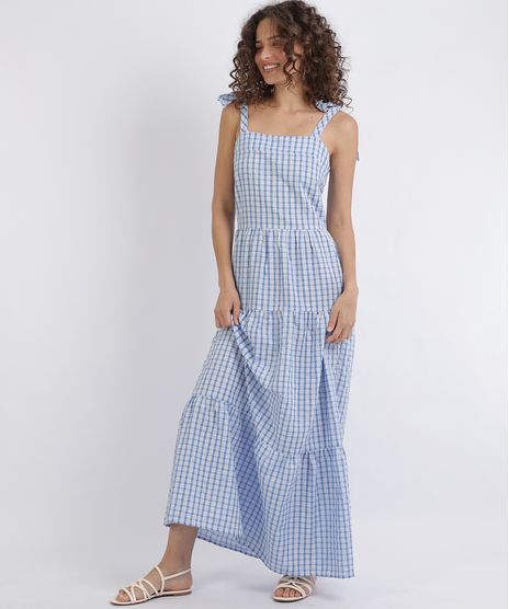 Vestido-Feminino-Longo-Estampado-Xadrez-Decote-reto-Alcas-Medias-para-Amarrar-Azul-9955106-Azul_1