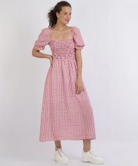 Vestido-Feminino-Midi-com-Laxtex-Estampado-Xadrez-Manga-Curta-Bufante-Decote-Reto-Vermelho-9956292-Vermelho_1