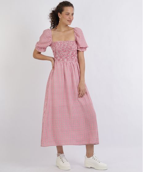 Vestido-Feminino-Midi-com-Laxtex-Estampado-Xadrez-Manga-Curta-Bufante-Decote-Reto-Vermelho-9956292-Vermelho_1