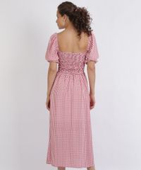 Vestido-Feminino-Midi-com-Laxtex-Estampado-Xadrez-Manga-Curta-Bufante-Decote-Reto-Vermelho-9956292-Vermelho_2