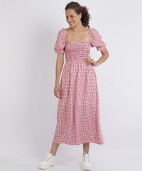 Vestido-Feminino-Midi-com-Laxtex-Estampado-Xadrez-Manga-Curta-Bufante-Decote-Reto-Vermelho-9956292-Vermelho_3