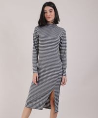 Vestido-Feminino-Midi-Canelado-Listrado-com-Vazado-e-Fenda-Manga-Longa-Gola-Alta-Cinza-Mescla-Escuro-9942992-Cinza_Mescla_Escuro_1