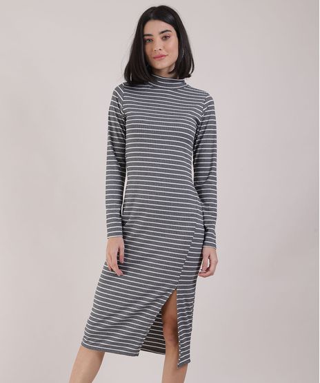 Vestido-Feminino-Midi-Canelado-Listrado-com-Vazado-e-Fenda-Manga-Longa-Gola-Alta-Cinza-Mescla-Escuro-9942992-Cinza_Mescla_Escuro_1