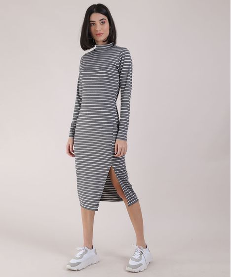 vestido midi canelado listrado