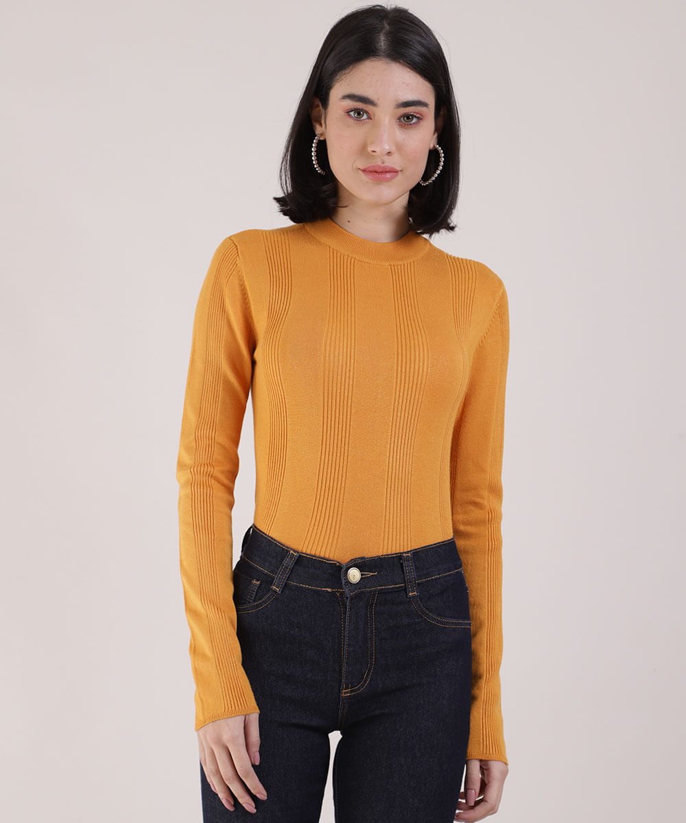 suéter básico de tricot canelado - camelo