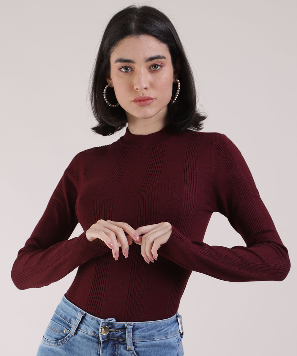 Blusa Feminina Básica em Tricô Manga Longa Vinho