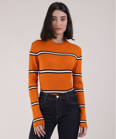 Sueter-Feminino-Basico-em-Trico-Listrado-Decote-redondo-Laranja-9804578-Laranja_1