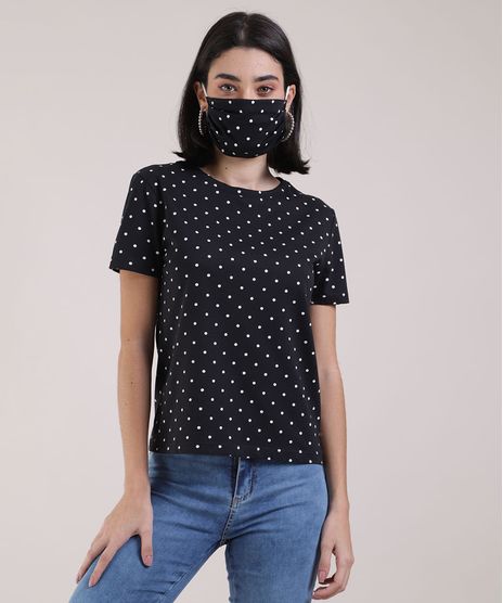 Kit-de-Blusa-Feminina-Estampada-de-Poa-Manga-Curta-Decote-Redondo---Mascara-de-Protecao-Individual-Preto-9950788-Preto_1