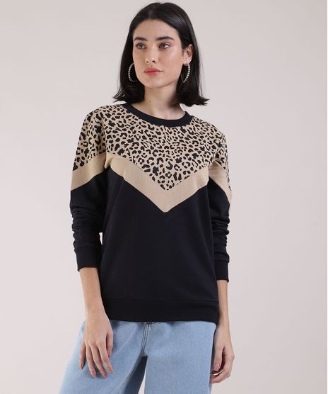 Blusao-de-Moletom-Feminino-com-Recorte-Animal-Print-Onca-Decote-Redondo-Preto-9951509-Preto_1