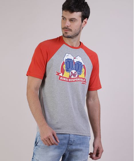 Camiseta Oxer Básica Mescla Raglan Masculina Camiseta Masculina Duff Beer Os Simpsons Raglan Manga Curta Gola Careca Cinza Mescla Cea