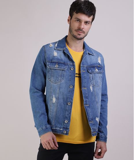 Jaqueta-Jeans-Masculina-Trucker-Destroyed-com-Recortes-e-Bolsos-Azul-Medio-9942914-Azul_Medio_1