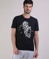 Camiseta-Masculina-Metalizada-Esqueleto-com-Rosa-Manga-Curta-Gola-Careca-Preta-9950957-Preto_1