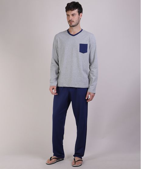 Pijama-Masculino-Camiseta-com-Bolso-Manga-Longa-Gola-Careca-Cinza-Mescla-9950946-Cinza_Mescla_1