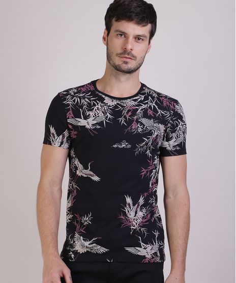 Camiseta-Masculina-Slim-Estampada-de-Passaros-Manga-Curta-Gola-Careca-Preta-9922870-Preto_1