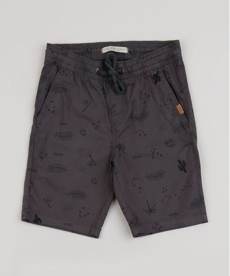 Bermuda-de-Sarja-Infantil-Slim-Estampada-de-Folhagens-com-Caveiras-Chumbo-9944594-Chumbo_1