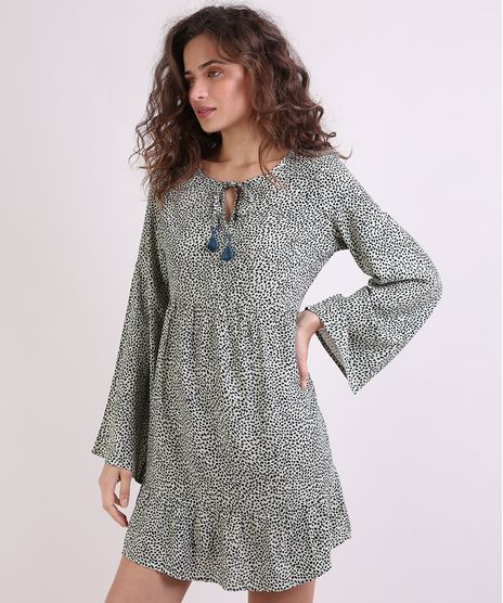 Vestido-Feminino-Curto-Estampado-com-Tassel-Manga-Sino-Bege-Claro-9943164-Bege_Claro_1