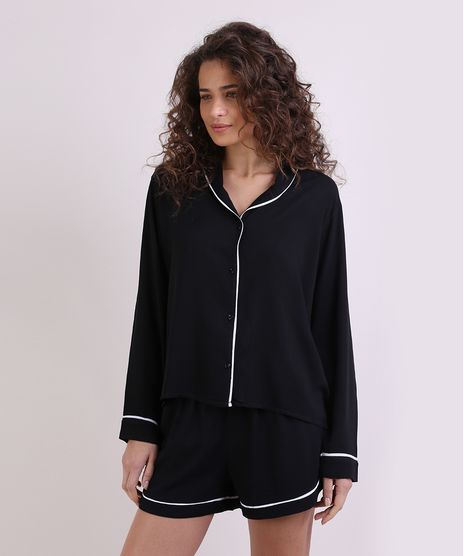 Camisa-de-Pijama-Feminina-com-Vivo-Contrastante-Manga-Longa-Preta-9954382-Preto_1