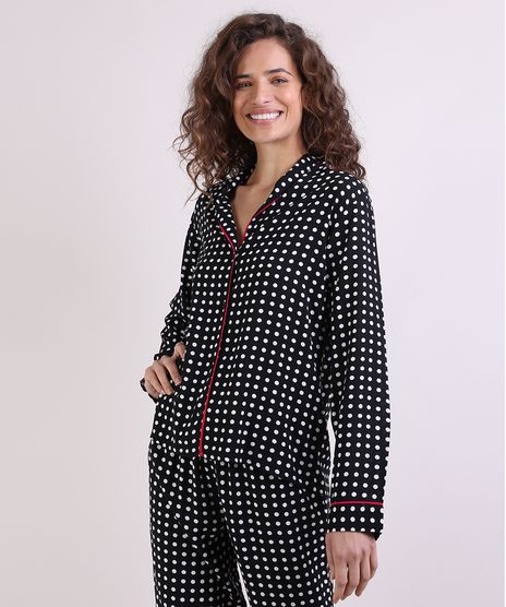 Camisa-de-Pijama-Feminina-Estampada-de-Poa-com-Vivo-Contrastante-Manga-Longa-Preta-9954382-Preto_1_1