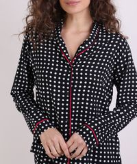 Camisa-de-Pijama-Feminina-Estampada-de-Poa-com-Vivo-Contrastante-Manga-Longa-Preta-9954382-Preto_1_4