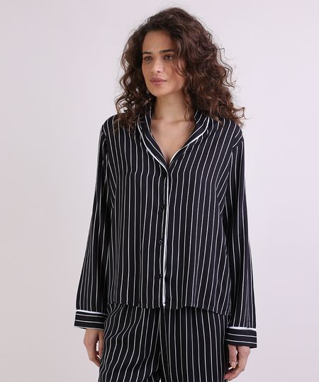 Camisa-de-Pijama-Feminina-Listrada-com-Vivo-Contrastante-Manga-Longa-Preta-9954382-Preto_2_1