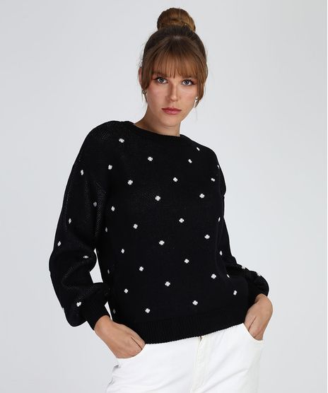 Sueter-de-Trico-Feminino-Estampado-de-Poa-Manga-Bufante-Decote-Redondo-Preto-9956138-Preto_1