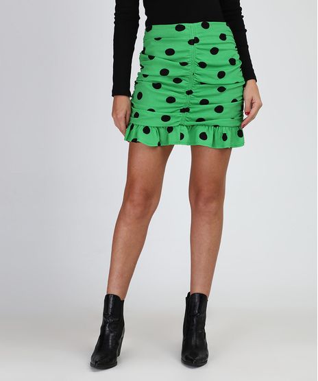 Saia-Feminina-Curta-Estampada-de-Poa-com-Franzido-Verde-Claro-9955710-Verde_Claro_1