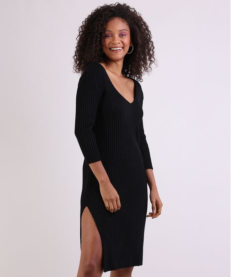 Vestido-de-Trico-Feminino-Canelado-Manga-7-8-Preto-9952045-Preto_1