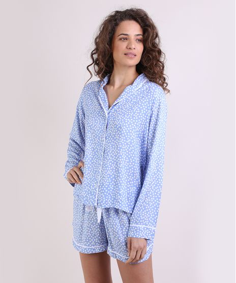 Camisa-de-Pijama-Feminina-Estampada-de-Poa-com-Vivo-Contrastante-Manga-Longa-Azul-Claro-9954382-Azul_Claro_1