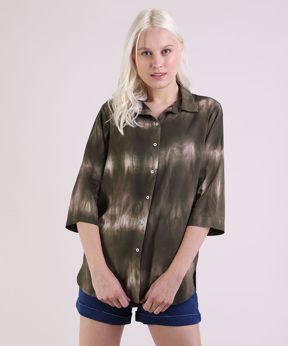 Camisa Feminina Longa Estampada Tie Dye Manga 3/4 Verde Militar