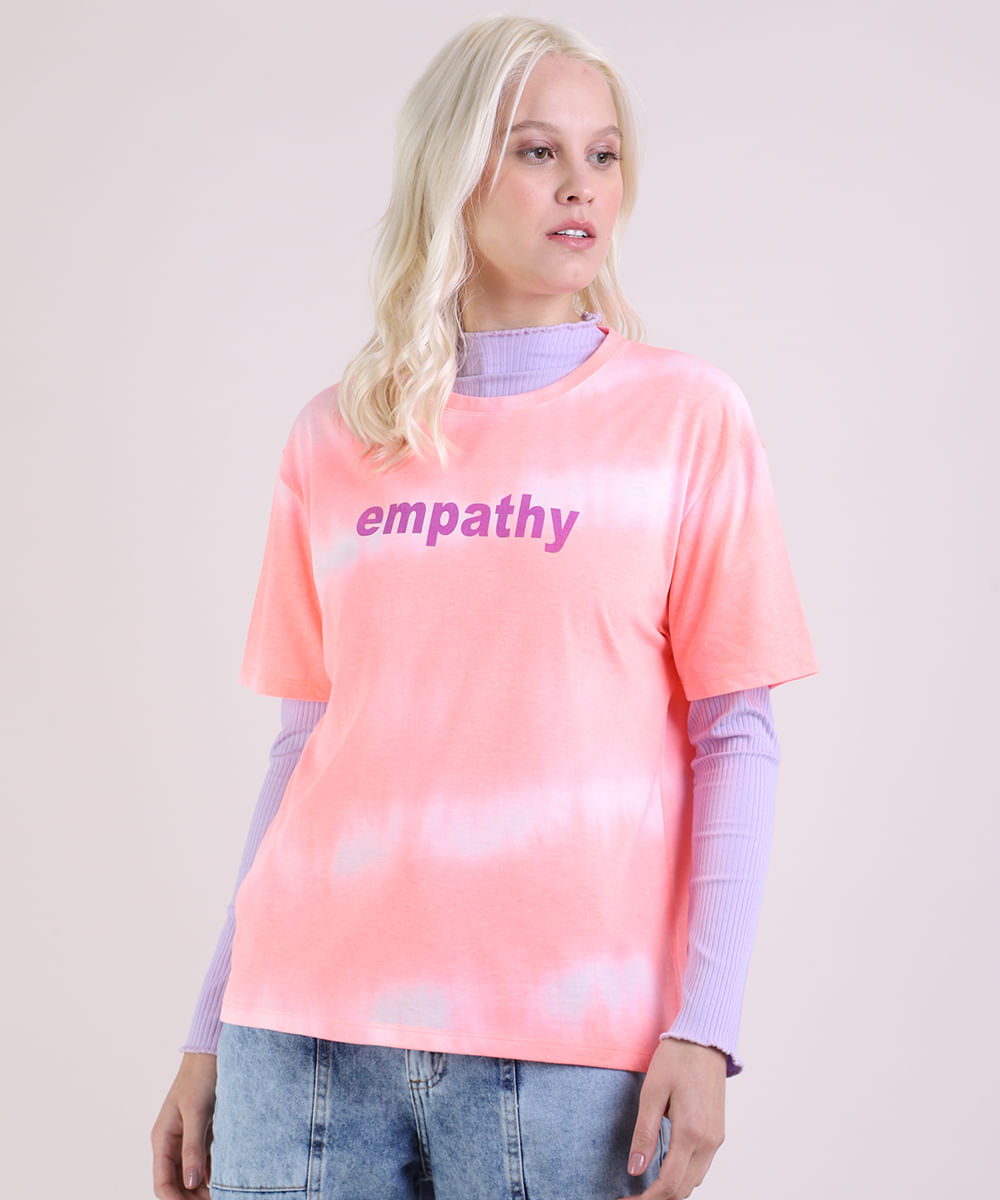 Blusa Feminina Ampla "Empathy" Estampada Tie Dye Manga Curta Decote Redondo Coral