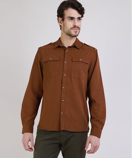 Camisa-de-Sarja-Masculina-Tradicional-com-Bolsos-Manga-Longa-Marrom-9809556-Marrom_1
