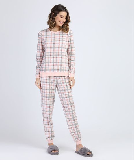 Pijama-de-Fleece-Feminino-Estampado-Xadrez-Manga-Longa-Rosa-9836383-Rosa_1