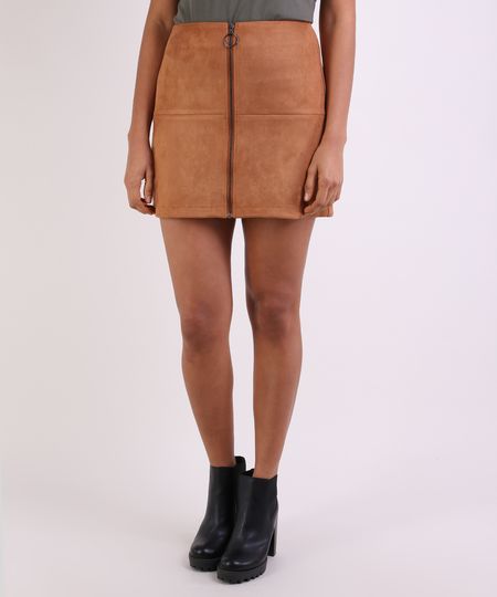 Saia-em-Suede-Feminina-Curta-com-Ziper-Marrom-Claro-9820779-Marrom_Claro_1