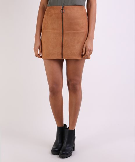 Saia-em-Suede-Feminina-Curta-com-Ziper-Marrom-Claro-9820779-Marrom_Claro_1