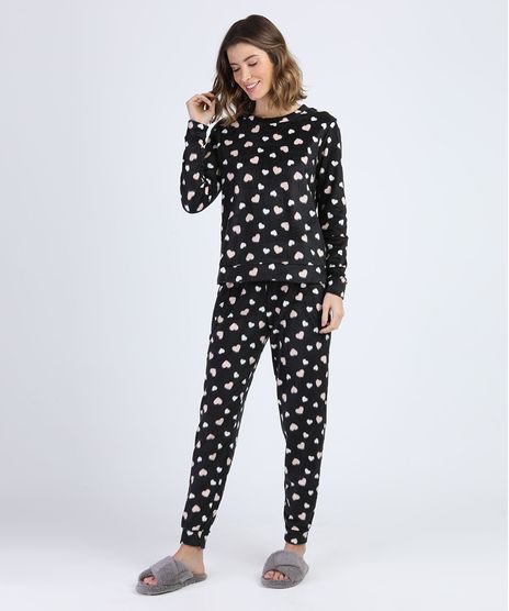 Pijama-de-Fleece-Feminino-Estampado-de-Coracoes-Manga-Longa-Preto-9900203-Preto_1