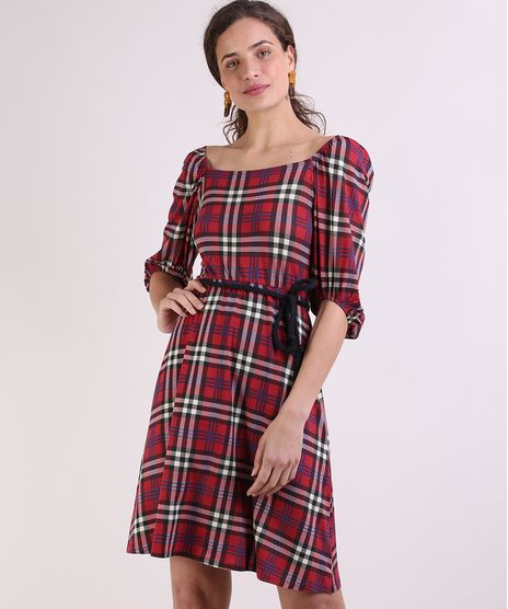 Vestido-Feminino-Curto-Estampado-Xadrez-com-Cinto-Cordao-Manga-Bufante-Vermelho-9946336-Vermelho_1