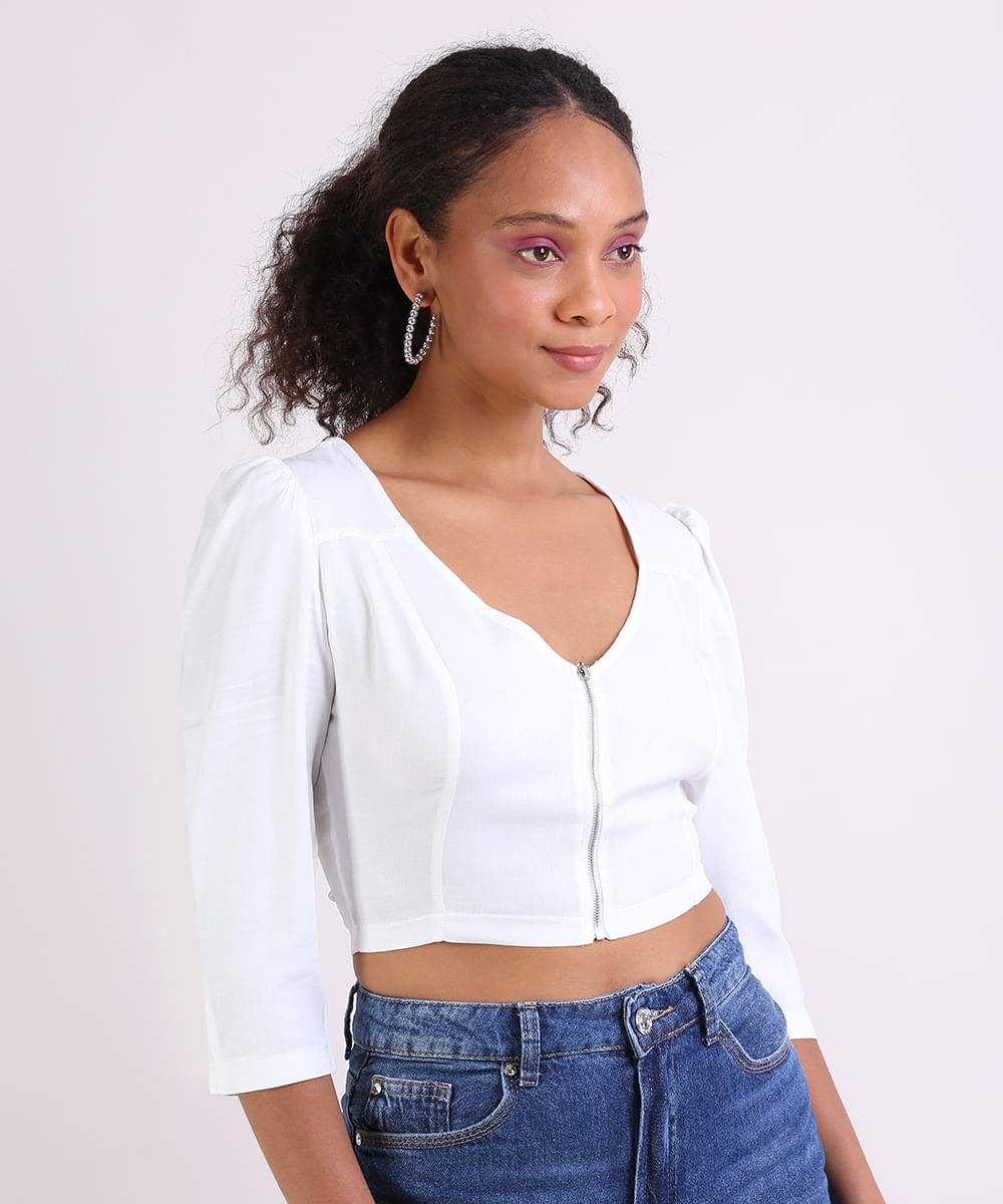 Blusa Feminina Cropped com Zíper Manga Longa Off White